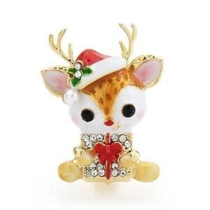 Versatile Cute Enamel Deer Brooch Pin Christmas Elk with Cubic Zirconia